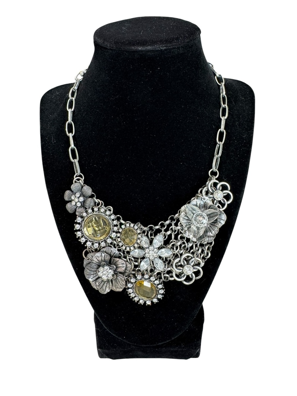 VTG Silver Tone Multi Stone Floral & Amber Gem Accents Statement Necklace - Picture 2 of 7